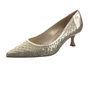 Manolo Blahnik Metallic Gold Pointed Toe Kitten Heel Pump
